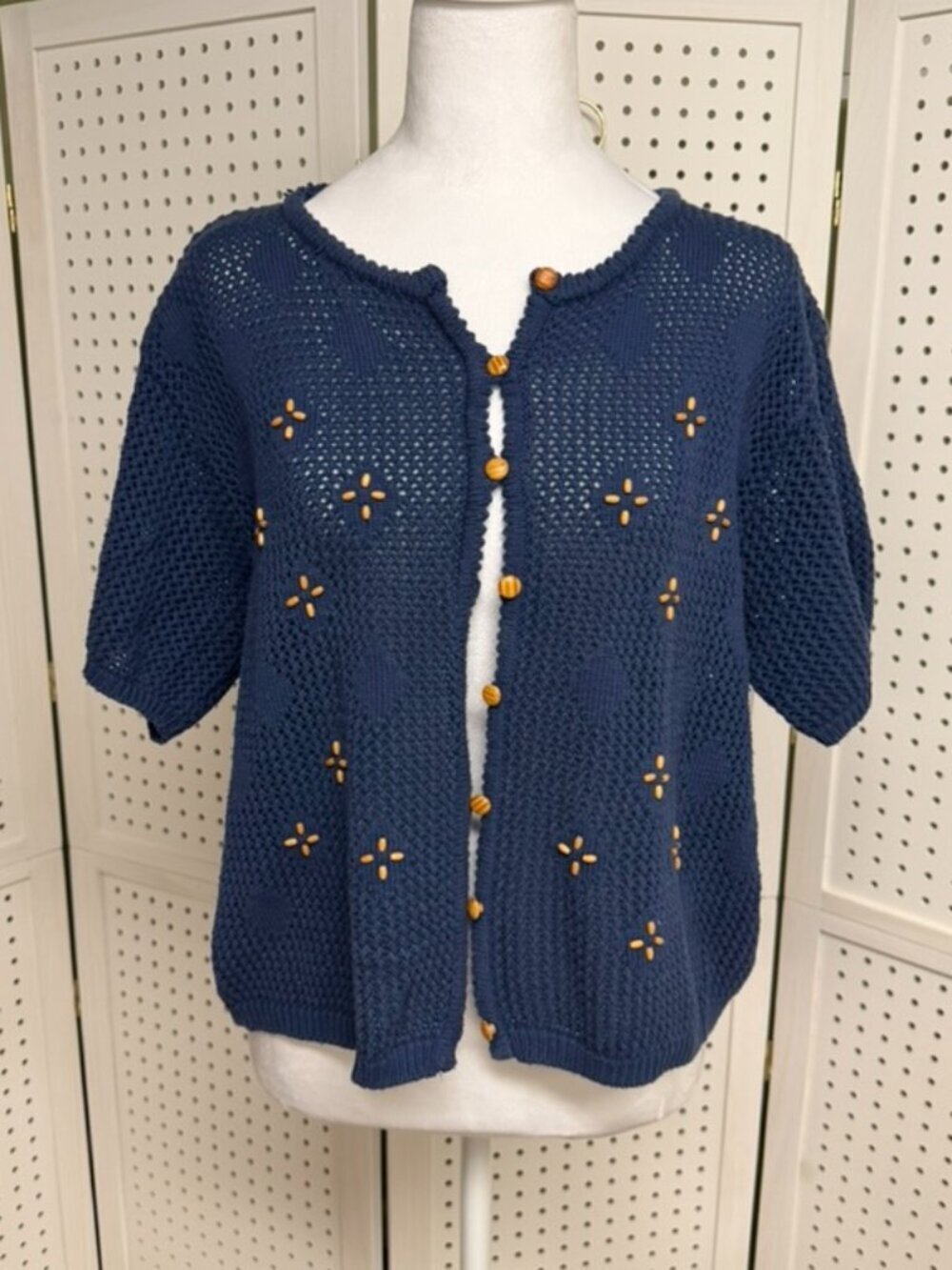 Vintage Liz Sport Cotton Crochet Flower Embroidered Short Sleeve Blue Sweater